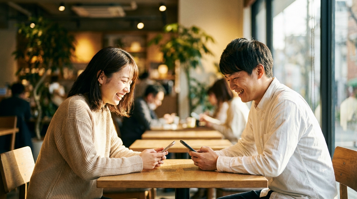 カフェで楽しく会話する男女