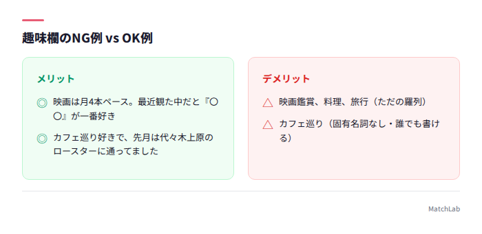 趣味欄のNG例とOK例の比較