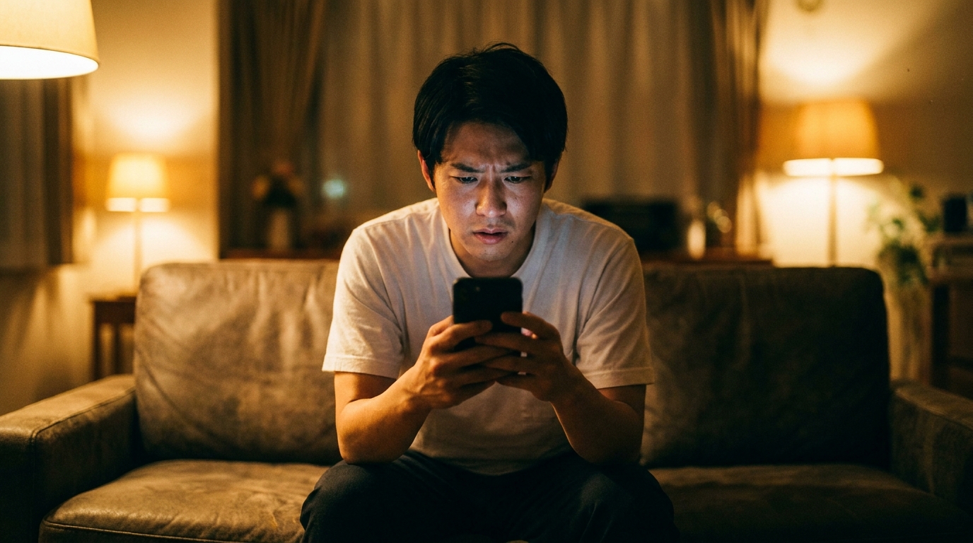スマホを見つめる不安げな男性