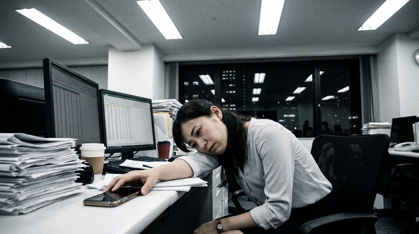残業中でスマホを見れない女性