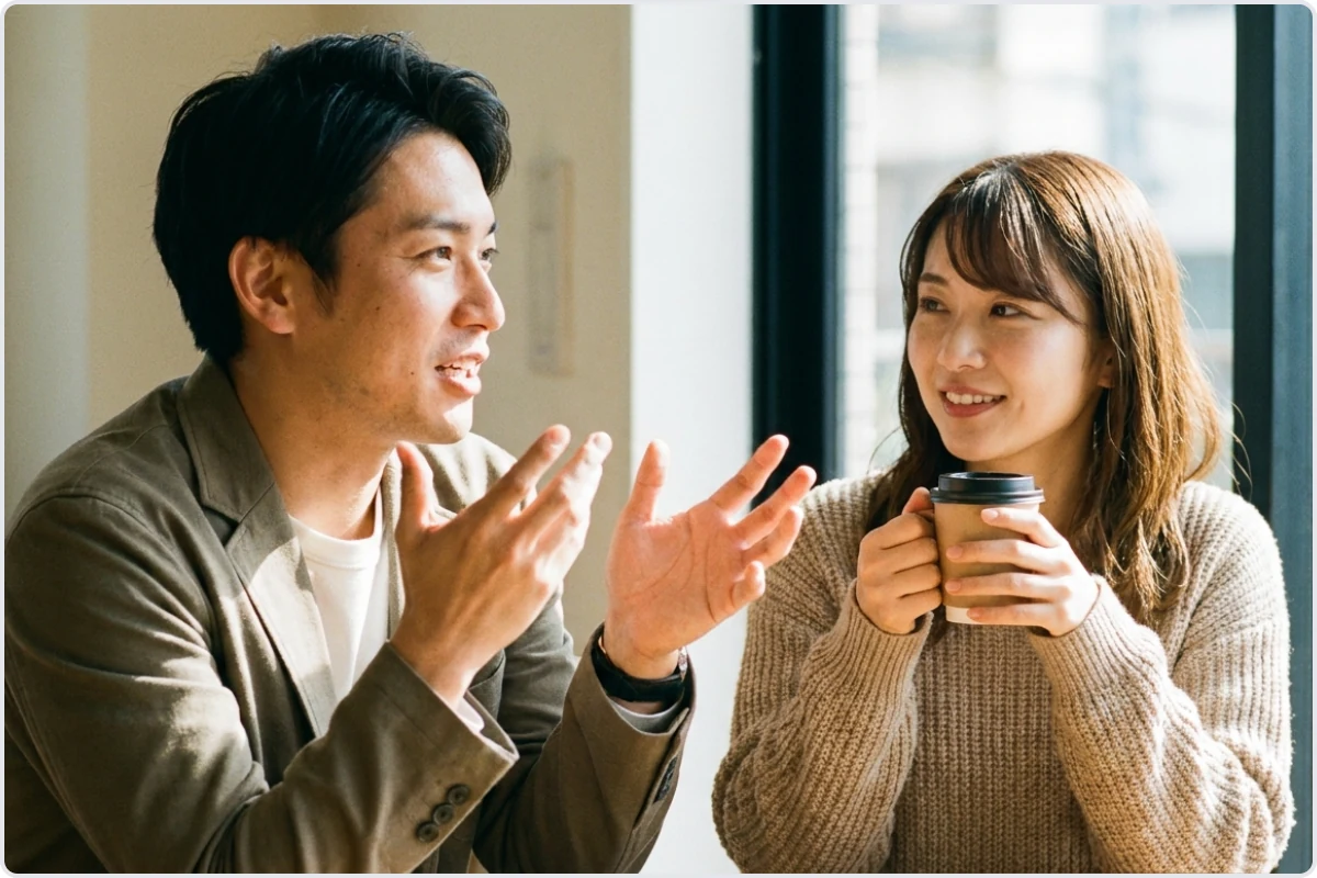カフェで向かい合って話す日本人の男女。早く関係を決めたい男性と、もう少し見極めたい女性の温度差が表れたデートの場面
