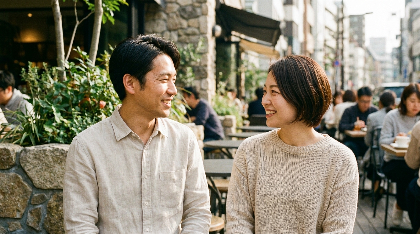 カフェで穏やかに会話するカップル