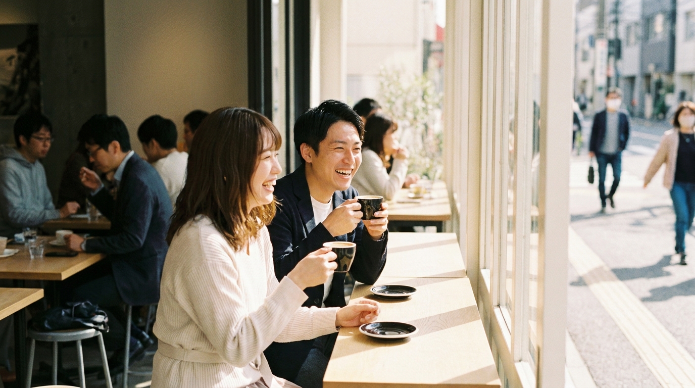昼間のカフェで初デートする男女
