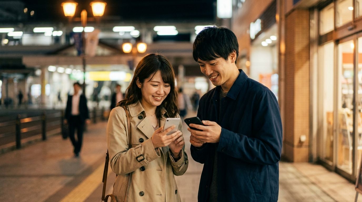 デート終盤に連絡先を交換する二人