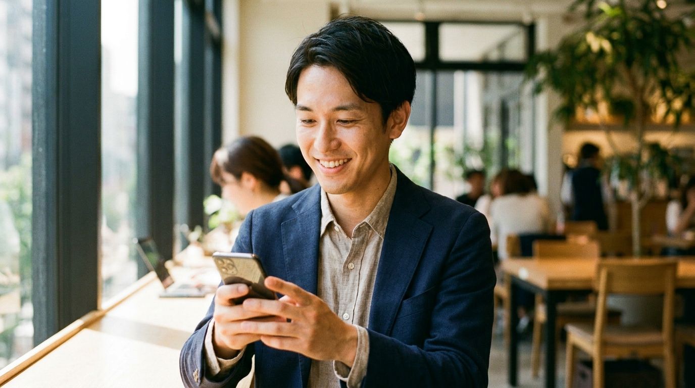 丁寧にアプリを使う男性