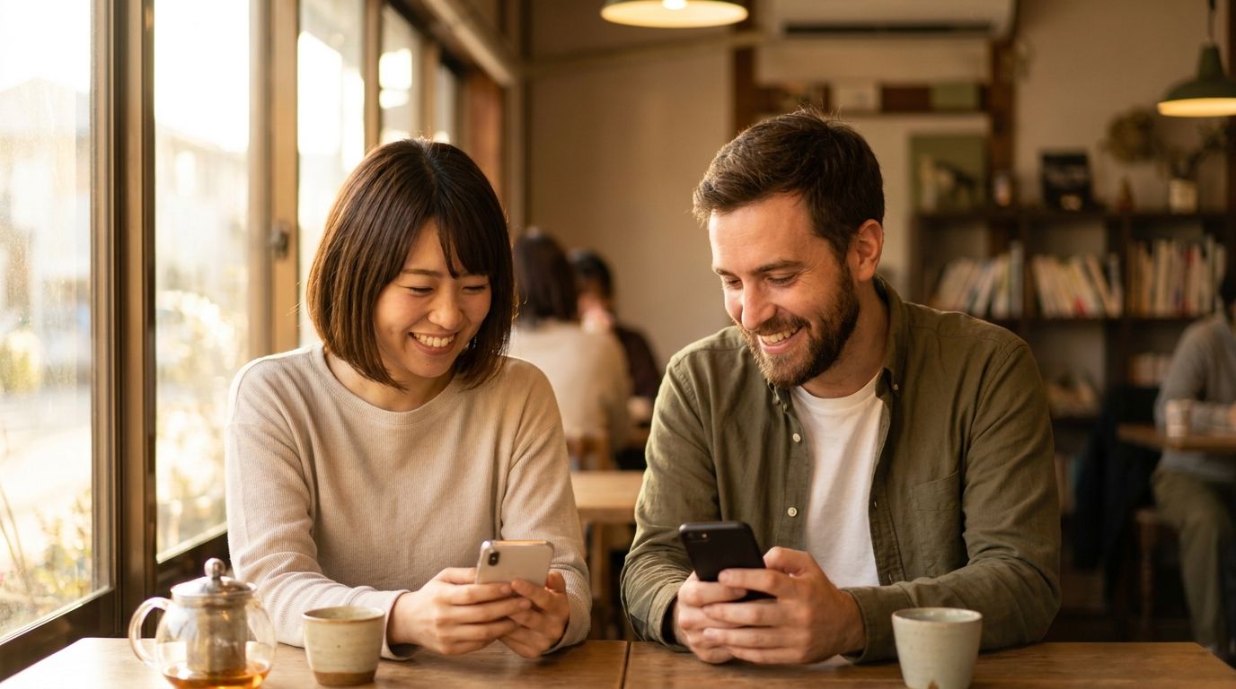 外国人とのカフェでの交流シーン