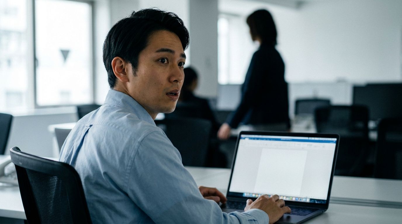 職場でPC画面を切り替える様子