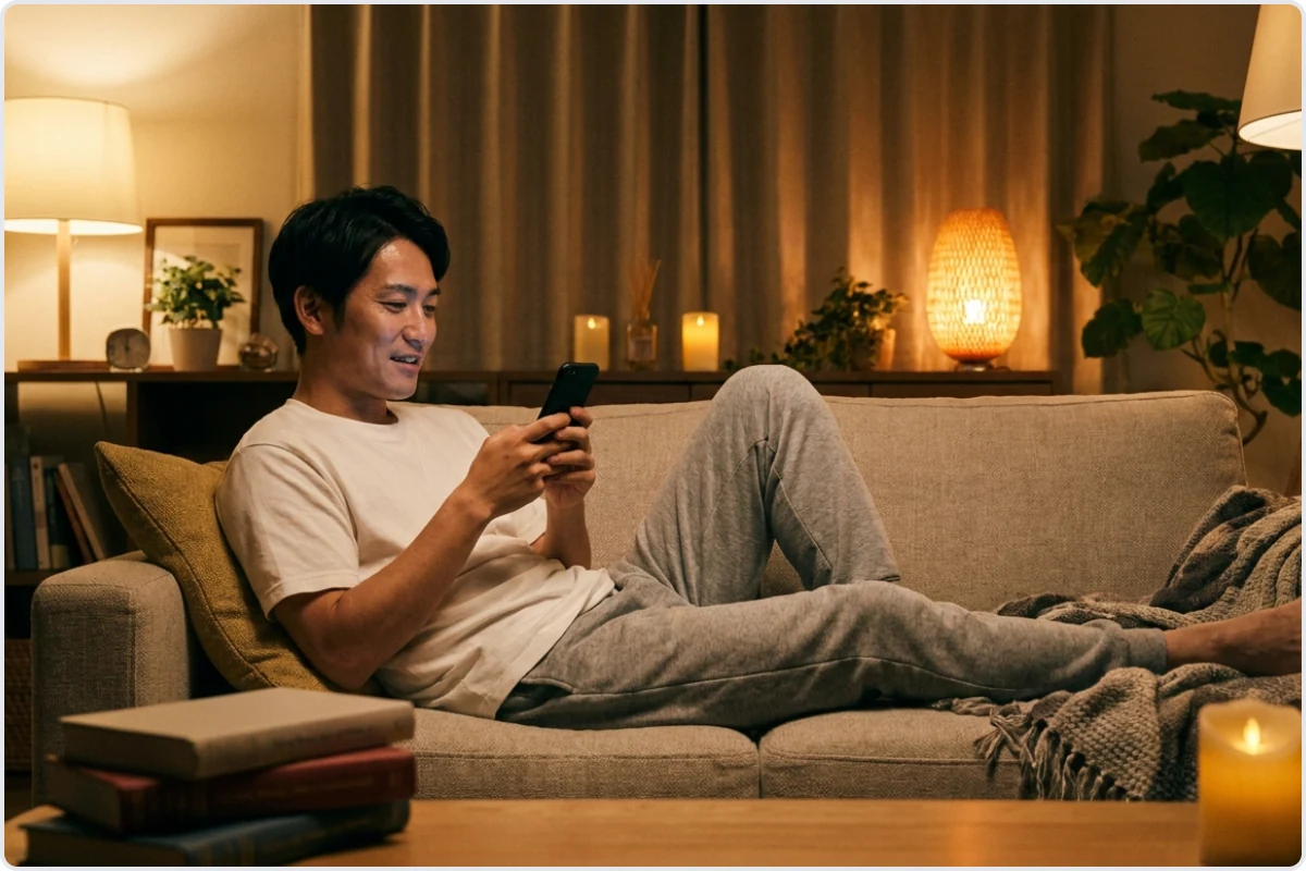 夜の自宅のソファでスマートフォンを見ながら、返信待ちの不安が消えて安心した表情を浮かべる30代の日本人男性