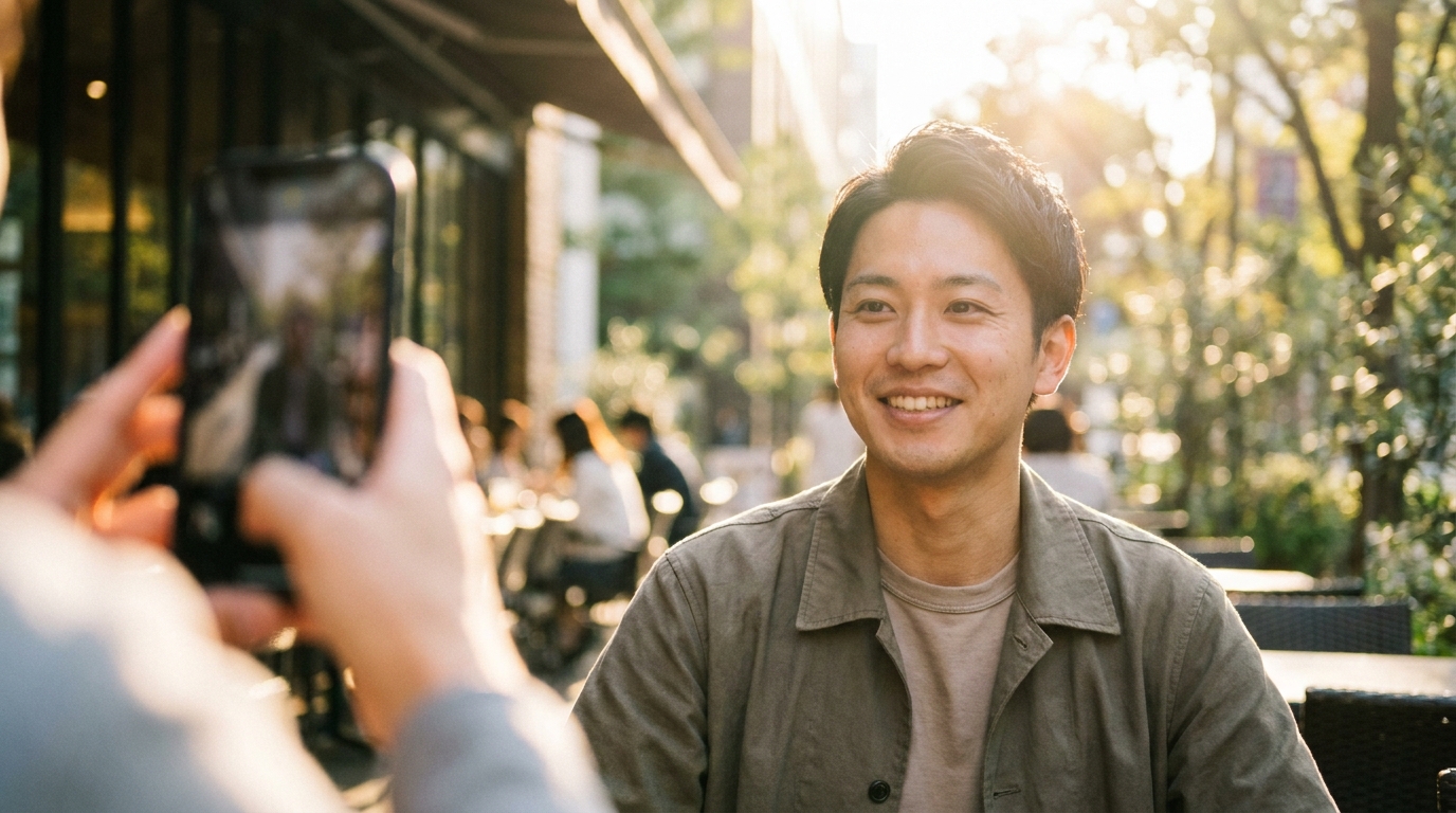 カフェでプロフィール写真を撮影する様子